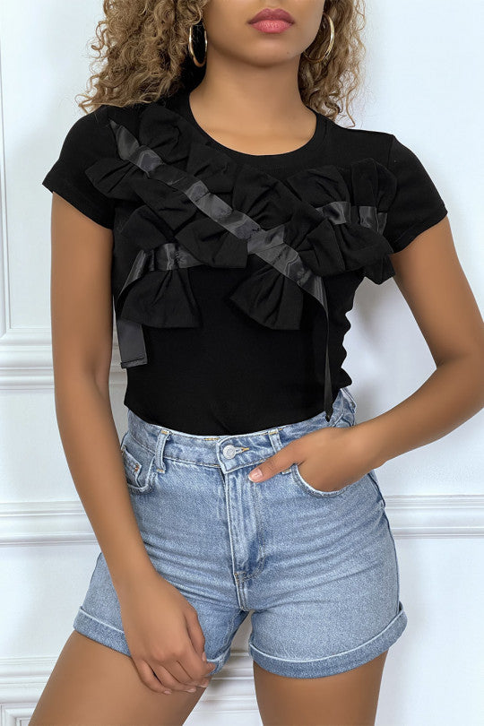 T-shirt noir manches courtes, avec des noeuds